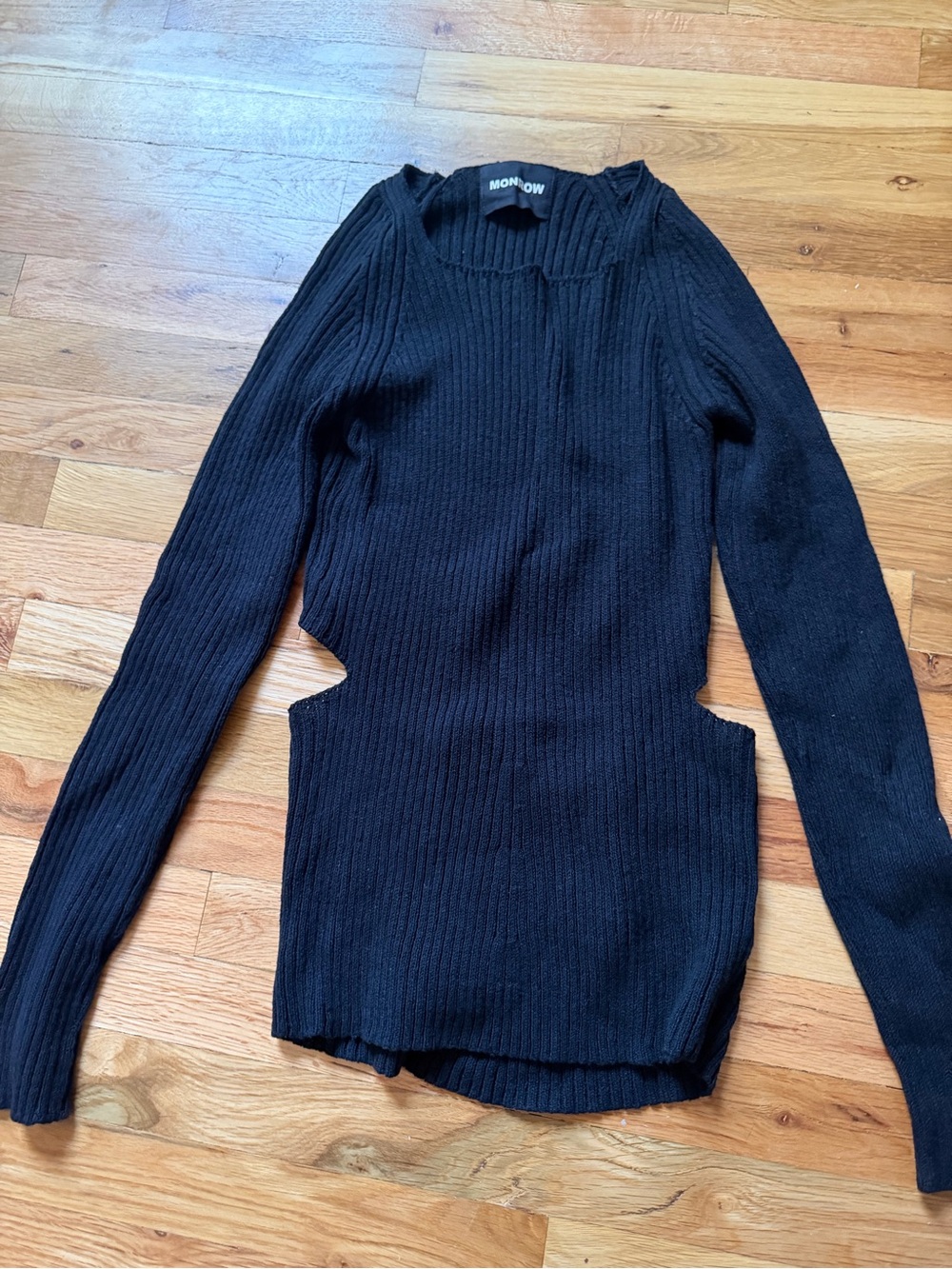 Monrow Black Ribbed Cutout Crewneck Sweater LaborDaySale